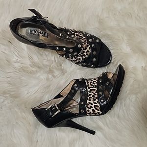 Michael Kors Leather & Leopard Half Calf High Open Toe Heels - Never Worn Size 8